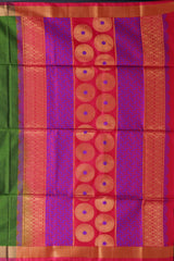 Olive Green Soft Silk Saree with Pink Border and Bhutta Motifs