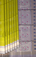 Olive Green Soft Silk Saree with Grey Contrast and Silver Zari Bhutta