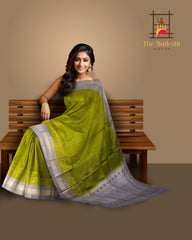 Olive Green Soft Silk Saree with Grey Contrast and Silver Zari Bhutta