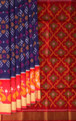 Navy Blue Soft Silk Saree with Orange Ikat Body Design