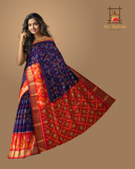 Navy Blue Soft Silk Saree with Orange Ikat Body Design
