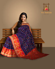Navy Blue Soft Silk Saree with Orange Ikat Body Design