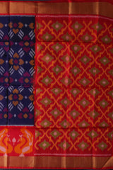 Navy Blue Soft Silk Saree with Orange Ikat Body Design