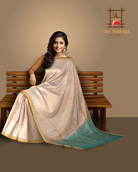 Beige Soft Silk Saree with Sea Green Border and Bhutta Motifs