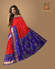 Red Soft Silk Saree with Blue Ikat Body Design