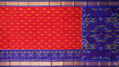 Red Soft Silk Saree with Blue Ikat Body Design