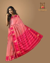 Tomato Pink and Red Kanchipuram Pure Zari Saree