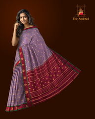 Greyish Lilac Kanchipuram Pure Zari and Handloom Saree with Peacock and Chakram Butta