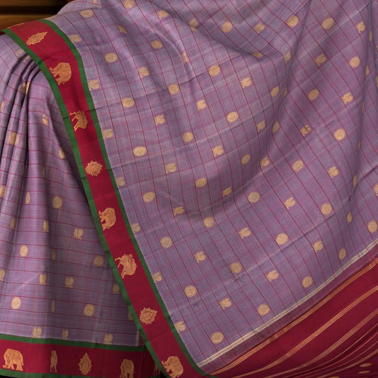Greyish Lilac Kanchipuram Pure Zari and Handloom Saree with Peacock and Chakram Butta