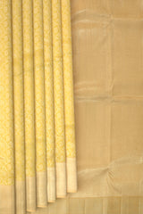 Pale Yellow Kanchipuram Silk Saree with Elephant and Annapakshi Jackard on the body with Ivory contrast border and Pale Yellow Diagonal lines pallu