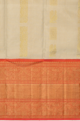 Off White Kanchipuram Silk Saree with Tissue zari on the body with Orange contrast border and Orange annam pallu
