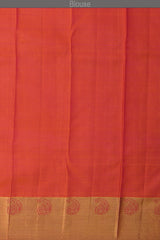 Peach Kanchipuram Silk Saree with Tear drop Jackard on the body with Peach self border and Orange Pink Square with thick butta pallu