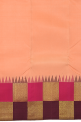 Peach Kanchipuram Silk Saree with Korvai Plain on the body with Beetroot and pink and gold checks border and Magenta Tissue pallu