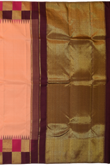 Peach Kanchipuram Silk Saree with Korvai Plain on the body with Beetroot and pink and gold checks border and Magenta Tissue pallu