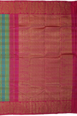 Light Green and Light Blue Checks Kanchipuram Silk Saree with Dual Tone Checks on the body with Rani Pink contrast border and Rani Pink Floral diagonal lines pallu