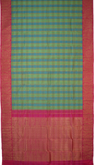 Light Green and Light Blue Checks Kanchipuram Silk Saree with Dual Tone Checks on the body with Rani Pink contrast border and Rani Pink Floral diagonal lines pallu