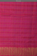 Light Green and Light Blue Checks Kanchipuram Silk Saree with Dual Tone Checks on the body with Rani Pink contrast border and Rani Pink Floral diagonal lines pallu