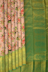 Mouve with red and purple flowers Kanchipuram Silk Saree with Floral digital Plain on the body with Sea Green contrast border and Sea Green pallu with diagonal lines and floral motif pallu