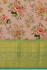 Mouve with red and purple flowers Kanchipuram Silk Saree with Floral digital Plain on the body with Sea Green contrast border and Sea Green pallu with diagonal lines and floral motif pallu