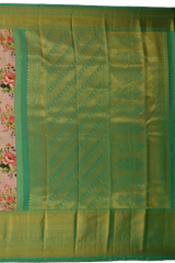 Mouve with red and purple flowers Kanchipuram Silk Saree with Floral digital Plain on the body with Sea Green contrast border and Sea Green pallu with diagonal lines and floral motif pallu