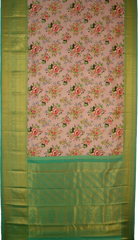 Mouve with red and purple flowers Kanchipuram Silk Saree with Floral digital Plain on the body with Sea Green contrast border and Sea Green pallu with diagonal lines and floral motif pallu