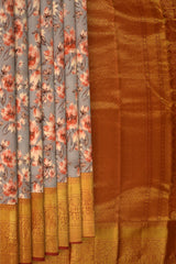 Grey with red flowers Kanchipuram Silk Saree with Floral digital Plain on the body with Red contrast border and Red pallu with diagonal lines and floral motif pallu