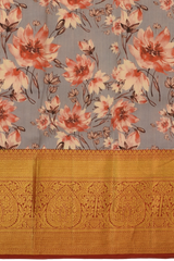 Grey with red flowers Kanchipuram Silk Saree with Floral digital Plain on the body with Red contrast border and Red pallu with diagonal lines and floral motif pallu