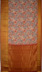 Grey with red flowers Kanchipuram Silk Saree with Floral digital Plain on the body with Red contrast border and Red pallu with diagonal lines and floral motif pallu