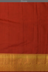 Grey with red flowers Kanchipuram Silk Saree with Floral digital Plain on the body with Red contrast border and Red pallu with diagonal lines and floral motif pallu