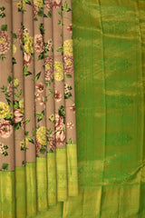 Beige with brown flowers Kanchipuram Silk Saree with Floral digital Plain on the body with Parrot Green contrast border and Parrot Green pallu with diagonal lines and floral motif pallu