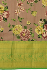 Beige with brown flowers Kanchipuram Silk Saree with Floral digital Plain on the body with Parrot Green contrast border and Parrot Green pallu with diagonal lines and floral motif pallu