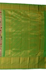 Beige with brown flowers Kanchipuram Silk Saree with Floral digital Plain on the body with Parrot Green contrast border and Parrot Green pallu with diagonal lines and floral motif pallu