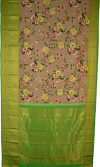Beige with brown flowers Kanchipuram Silk Saree with Floral digital Plain on the body with Parrot Green contrast border and Parrot Green pallu with diagonal lines and floral motif pallu