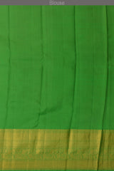Beige with brown flowers Kanchipuram Silk Saree with Floral digital Plain on the body with Parrot Green contrast border and Parrot Green pallu with diagonal lines and floral motif pallu