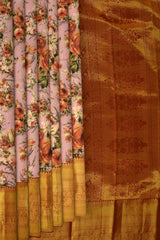 Nude Pink with Orange roses Kanchipuram Silk Saree with Floral digital Plain on the body with Rust Orange contrast border and Rust orange pallu with diagonal lines and floral motif pallu