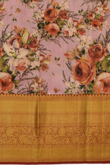 Nude Pink with Orange roses Kanchipuram Silk Saree with Floral digital Plain on the body with Rust Orange contrast border and Rust orange pallu with diagonal lines and floral motif pallu