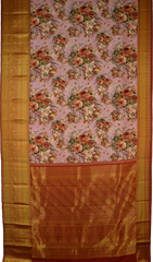 Nude Pink with Orange roses Kanchipuram Silk Saree with Floral digital Plain on the body with Rust Orange contrast border and Rust orange pallu with diagonal lines and floral motif pallu