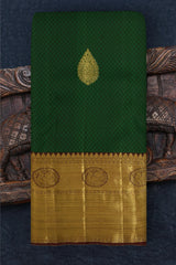 Dark Green Kanchipuram Silk Saree with Motif Leaf Plain on the body with Arakku Brown contrast border and Maroon Yaali, peacock, kamalam pallu
