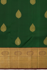 Dark Green Kanchipuram Silk Saree with Motif Leaf Plain on the body with Arakku Brown contrast border and Maroon Yaali, peacock, kamalam pallu