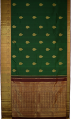 Dark Green Kanchipuram Silk Saree with Motif Leaf Plain on the body with Arakku Brown contrast border and Maroon Yaali, peacock, kamalam pallu