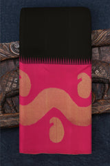 Black Kanchipuram Silk Saree with Plain on the body with Ganga Jamuna Border (1 side green, 1 side pink) border and Pink 8 Kol Pallu with Seepu Reku with bold temple