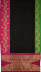 Black Kanchipuram Silk Saree with Plain on the body with Ganga Jamuna Border (1 side green, 1 side pink) border and Pink 8 Kol Pallu with Seepu Reku with bold temple