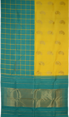 Yellow Kanchipuram Silk Saree with Half half- Mango Plain on the body with Turqoise Blue contrast Checks raindrops border and Turqoise Blue 8 Kol grand tissue pallu with seepu raku