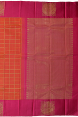 Orange and Pink Kanchipuram Silk Saree with Dual Tone Checks on the body with Pink contrast Annapakshi as blocks in border and Pink Grand Pink zig zag patter pallu