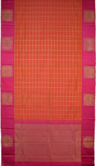 Orange and Pink Kanchipuram Silk Saree with Dual Tone Checks on the body with Pink contrast Annapakshi as blocks in border and Pink Grand Pink zig zag patter pallu