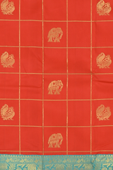 Chilli Red Kanchipuram Silk Saree with Checks on the body with Turqoise Blue contrast Lotus Border and Blue Blue Tissue Pallu. Grand.