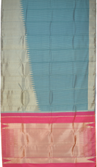Blue Kanchipuram Silk Saree with Organza Checks body with Temple Gatti Zari Contrast border and Dual Tone - Pink and Orange Pallu