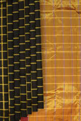 Black Kanchipuram Silk Saree with Checks body with Maroon Tissue Pallu with Silver Zari stripes