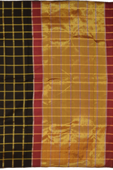 Black Kanchipuram Silk Saree with Checks body with Maroon Tissue Pallu with Silver Zari stripes