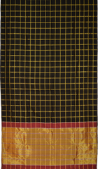 Black Kanchipuram Silk Saree with Checks body with Maroon Tissue Pallu with Silver Zari stripes